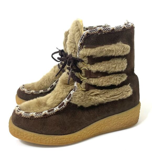 Quoddy Brown Suede Faux Fur Wool Lined Lace Up Moccasin Boots - Picture 1 of 15
